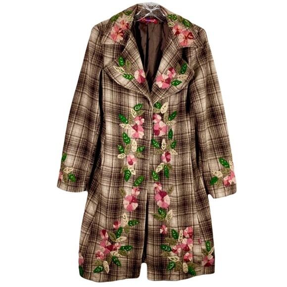 UTTAM LONDON Coat Women S Vintage Y2K Wool Plaid Floral-Appliqué Pocket Snaps - Picture 1 of 14